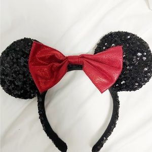 Disney Parks Authentic Minnie Mouse Black Sequin Ears Headband with Red Bow
